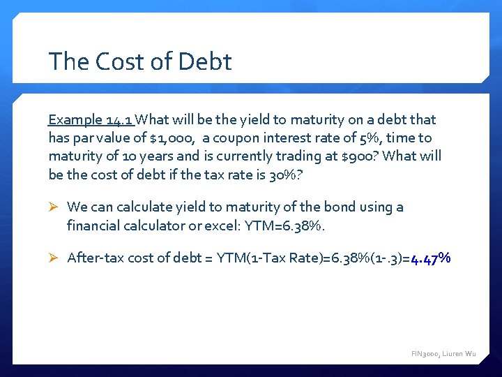 The Cost of Debt Example 14. 1 What will be the yield to maturity
