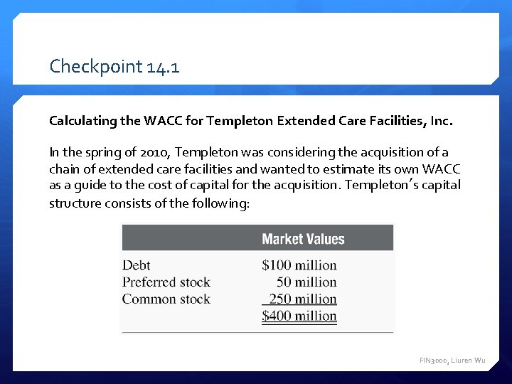 Checkpoint 14. 1 Calculating the WACC for Templeton Extended Care Facilities, Inc. In the