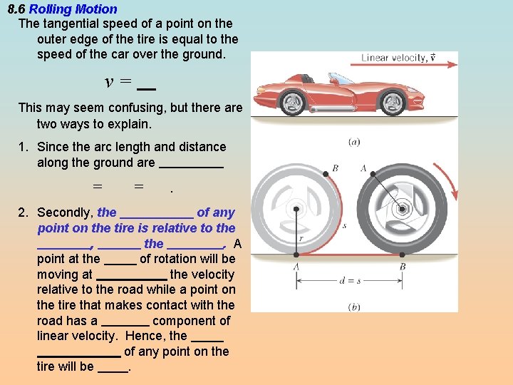 8. 6 Rolling Motion The tangential speed of a point on the outer edge