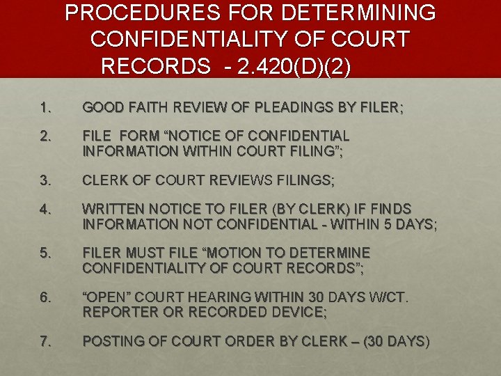 PROCEDURES FOR DETERMINING CONFIDENTIALITY OF COURT RECORDS - 2. 420(D)(2) 1. GOOD FAITH REVIEW