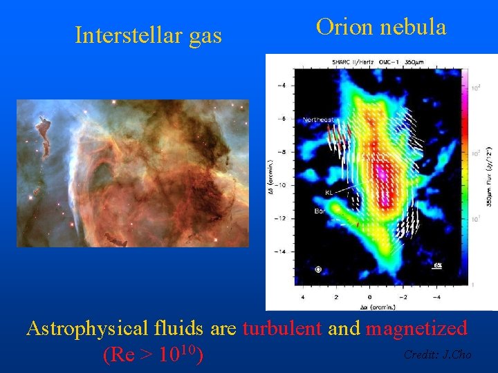 Interstellar gas Orion nebula Astrophysical fluids are turbulent and magnetized Credit: J. Cho (Re