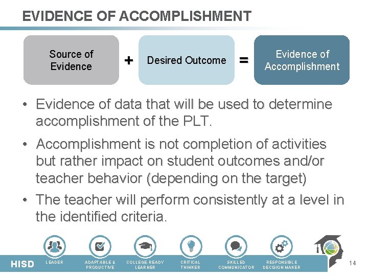 EVIDENCE OF ACCOMPLISHMENT Source of Evidence + Desired Outcome = Evidence of Accomplishment • EVIDENCE OF ACCOMPLISHMENT Source of Evidence + Desired Outcome = Evidence of Accomplishment •