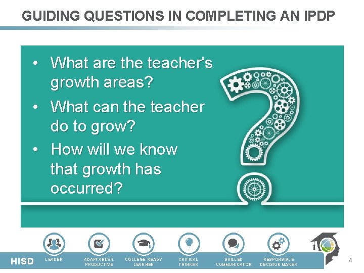 GUIDING QUESTIONS IN COMPLETING AN IPDP • What are the teacher's growth areas? • GUIDING QUESTIONS IN COMPLETING AN IPDP • What are the teacher's growth areas? •