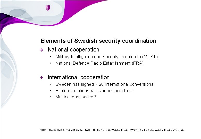 Elements of Swedish security coordination National cooperation • Military Intelligence and Security Directorate (MUST)