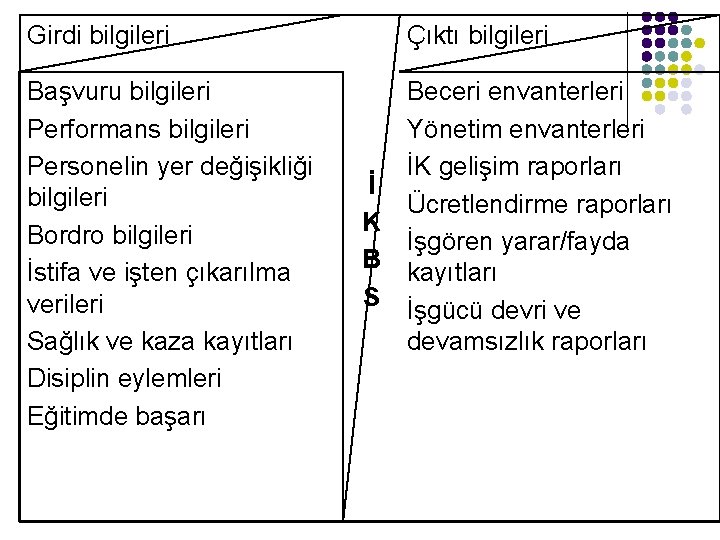 Girdi bilgileri Çıktı bilgileri Başvuru bilgileri Performans bilgileri Personelin yer değişikliği bilgileri Bordro bilgileri