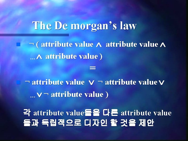 The De morgan’s law n ¬ ( attribute value ··· attribute value ) =