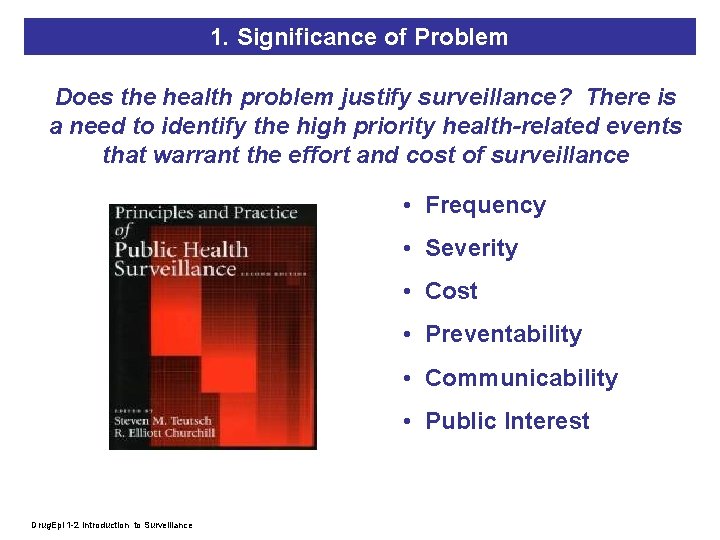 1. Significance of Problem Does the health problem justify surveillance? There is a need