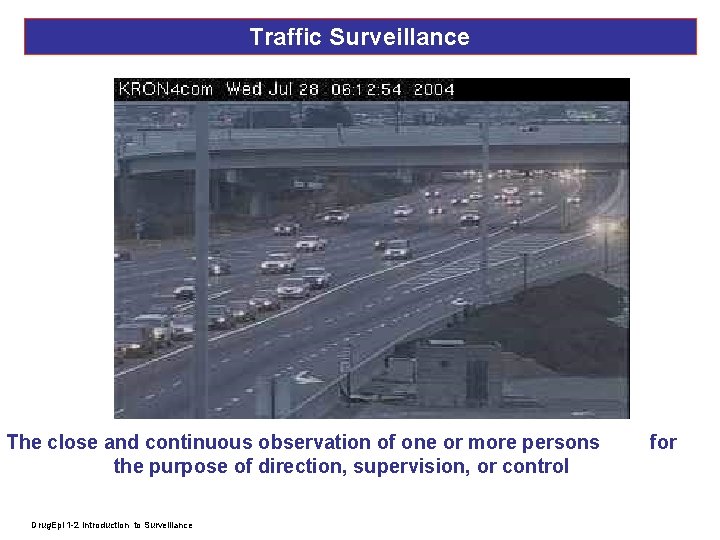 Traffic Surveillance The close and continuous observation of one or more persons the purpose