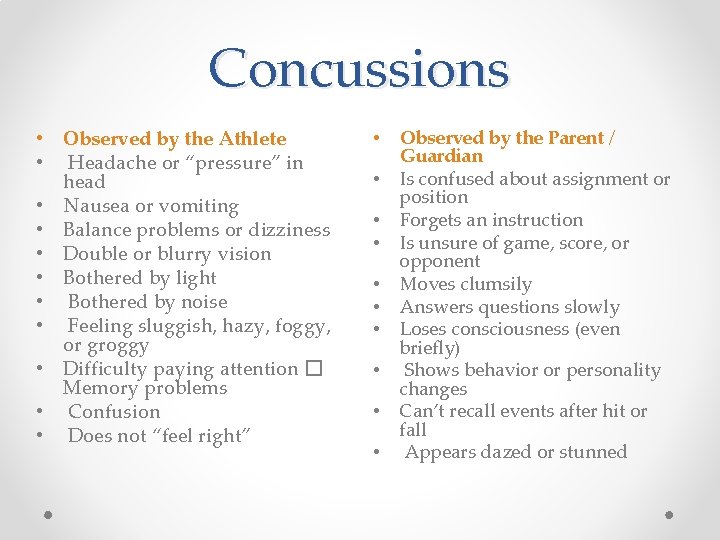 Concussions • Observed by the Athlete • Headache or “pressure” in head • Nausea