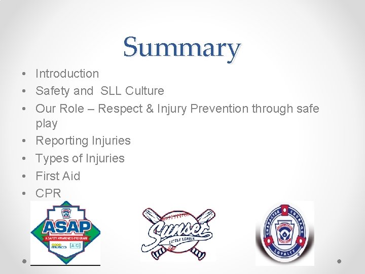 Summary • Introduction • Safety and SLL Culture • Our Role – Respect &