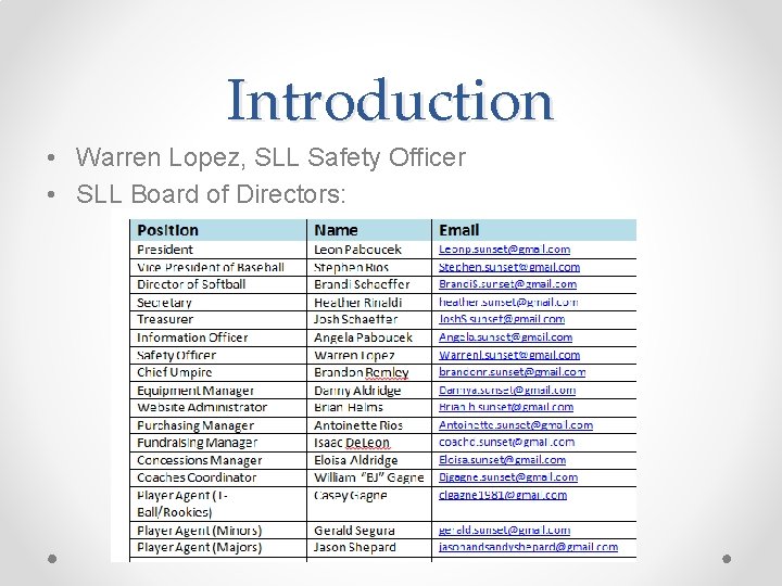 Introduction • Warren Lopez, SLL Safety Officer • SLL Board of Directors: 
