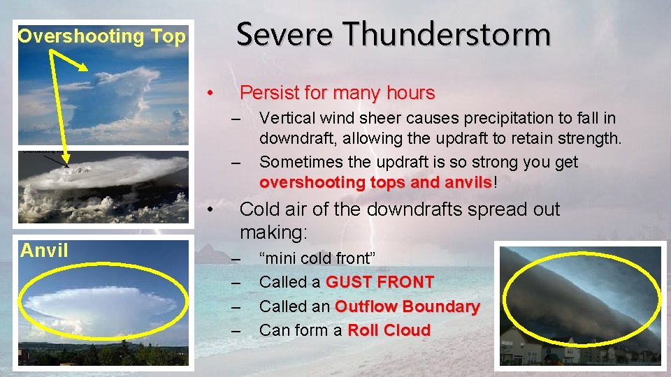 Severe Thunderstorm Overshooting Top • Persist for many hours – – • Anvil Vertical