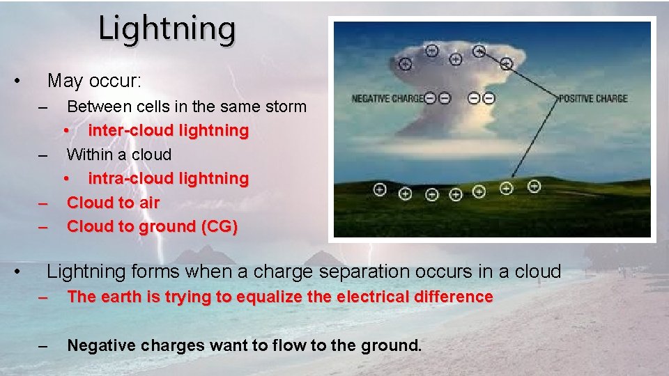 Lightning • May occur: – Between cells in the same storm • inter-cloud lightning