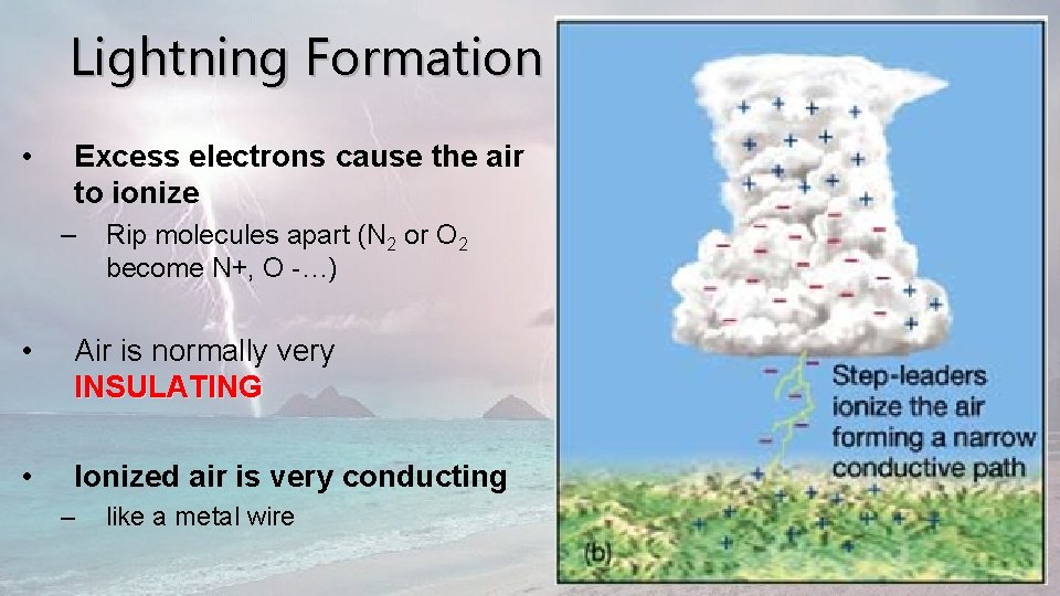 Lightning Formation • Excess electrons cause the air to ionize – Rip molecules apart