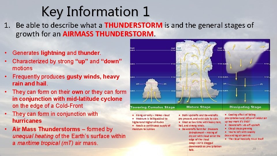 Key Information 1 1. Be able to describe what a THUNDERSTORM is and the