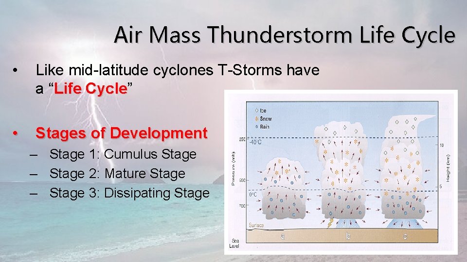 Air Mass Thunderstorm Life Cycle • Like mid-latitude cyclones T-Storms have a “Life Cycle”