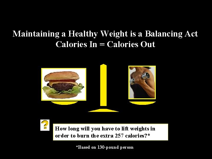 Maintaining a Healthy Weight is a Balancing Act Calories In = Calories Out How