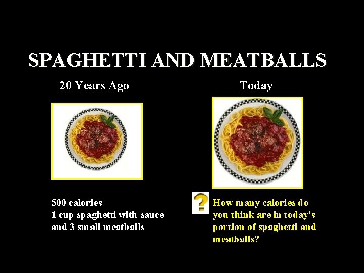 SPAGHETTI AND MEATBALLS 20 Years Ago 500 calories 1 cup spaghetti with sauce and