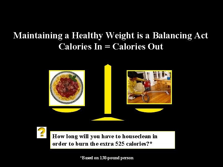 Maintaining a Healthy Weight is a Balancing Act Calories In = Calories Out How