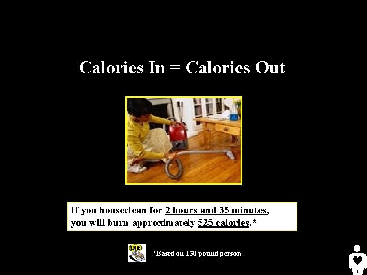 Calories In = Calories Out If you houseclean for 2 hours and 35 minutes,