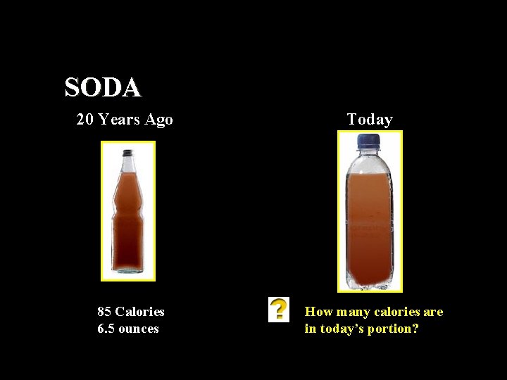 SODA 20 Years Ago 85 Calories 6. 5 ounces Today How many calories are