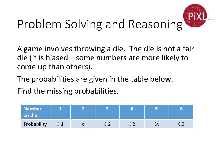 Problem Solving and Reasoning A game involves throwing a die. The die is not