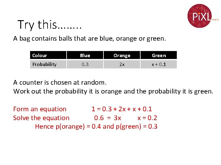 Try this……. . A bag contains balls that are blue, orange or green. Colour