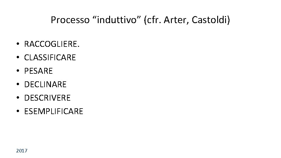 Processo “induttivo” (cfr. Arter, Castoldi) • • • RACCOGLIERE. CLASSIFICARE PESARE DECLINARE DESCRIVERE ESEMPLIFICARE