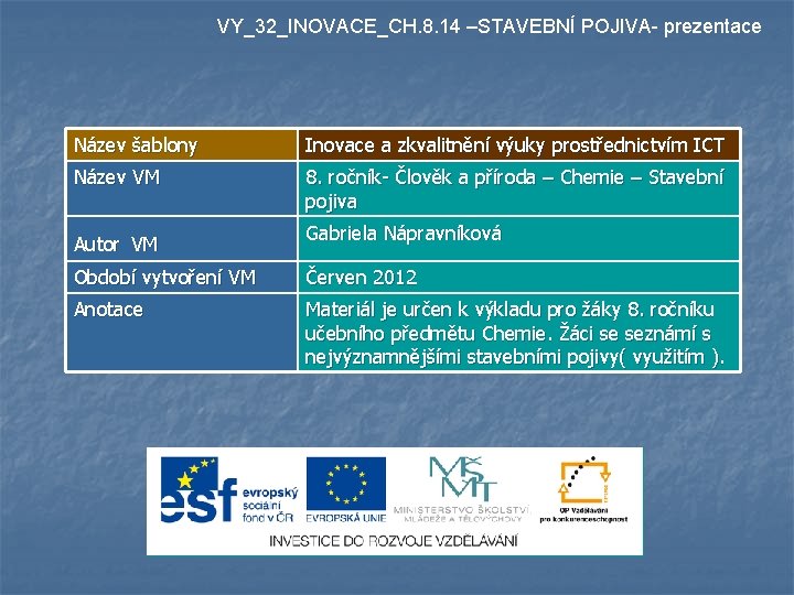 VY_32_INOVACE_CH. 8. 14 –STAVEBNÍ POJIVA- prezentace Název šablony Inovace a zkvalitnění výuky prostřednictvím ICT