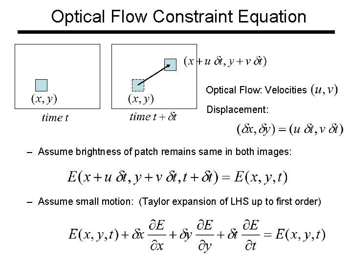 Optical Flow Constraint Equation Optical Flow: Velocities Displacement: – Assume brightness of patch remains Optical Flow Constraint Equation Optical Flow: Velocities Displacement: – Assume brightness of patch remains