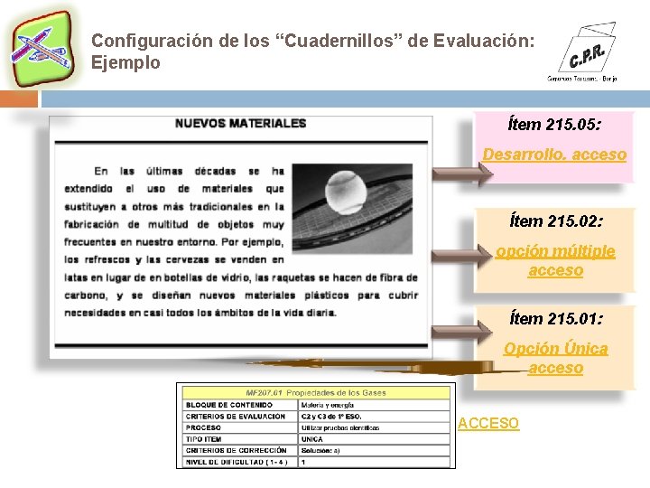 Configuración de los “Cuadernillos” de Evaluación: Ejemplo Ítem 215. 05: Desarrollo. acceso Ítem 215.