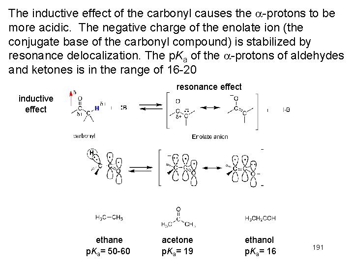 The inductive effect of the carbonyl causes the -protons to be more acidic. The The inductive effect of the carbonyl causes the -protons to be more acidic. The