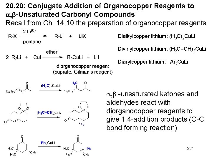 20. 20: Conjugate Addition of Organocopper Reagents to -Unsaturated Carbonyl Compounds Recall from Ch. 20. 20: Conjugate Addition of Organocopper Reagents to -Unsaturated Carbonyl Compounds Recall from Ch.