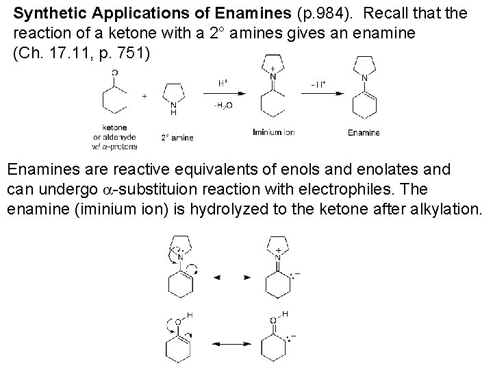 Synthetic Applications of Enamines (p. 984). Recall that the reaction of a ketone with Synthetic Applications of Enamines (p. 984). Recall that the reaction of a ketone with