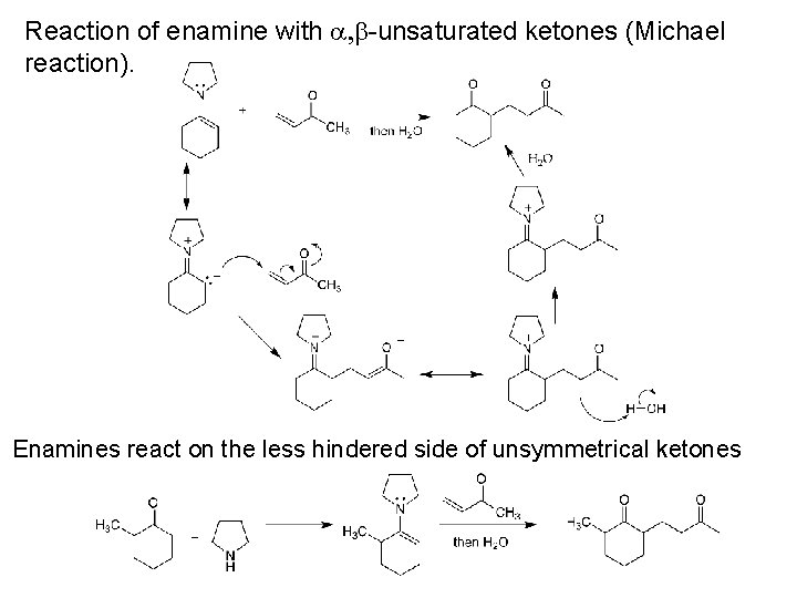 Reaction of enamine with -unsaturated ketones (Michael reaction). Enamines react on the less hindered Reaction of enamine with -unsaturated ketones (Michael reaction). Enamines react on the less hindered