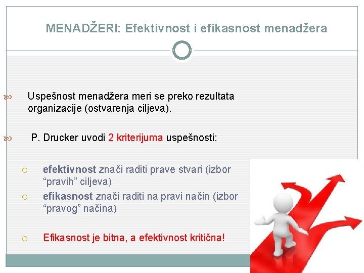 MENADŽERI: Efektivnost i efikasnost menadžera Uspešnost menadžera meri se preko rezultata organizacije (ostvarenja ciljeva).