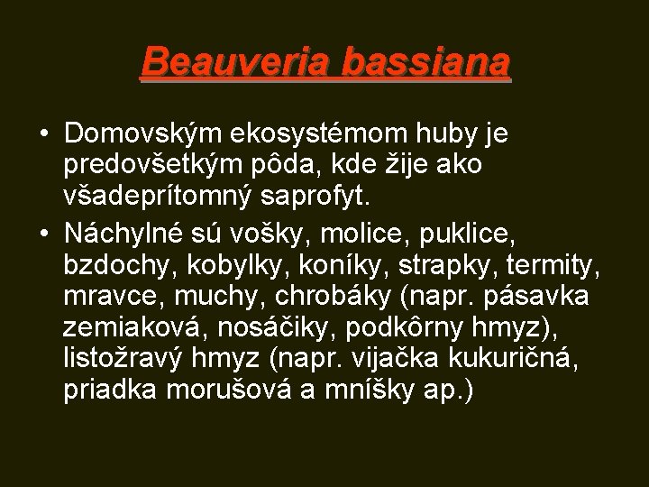 Beauveria bassiana • Domovským ekosystémom huby je predovšetkým pôda, kde žije ako všadeprítomný saprofyt.