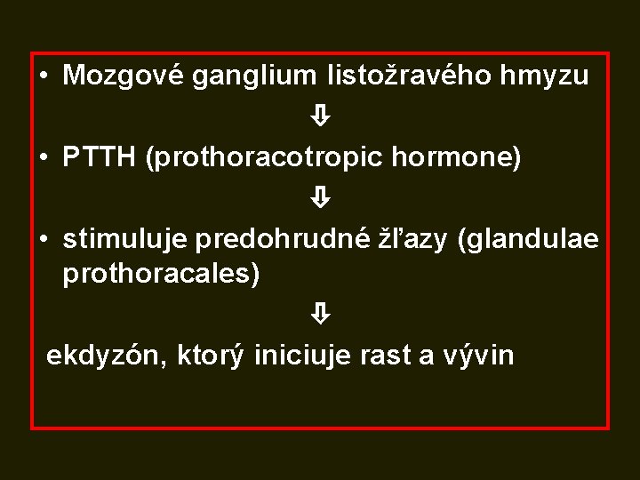  • Mozgové ganglium listožravého hmyzu • PTTH (prothoracotropic hormone) • stimuluje predohrudné žľazy