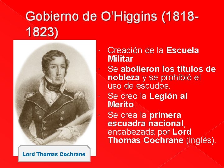 Gobierno de O’Higgins (18181823) Creación de la Escuela Militar Se abolieron los títulos de Gobierno de O’Higgins (18181823) Creación de la Escuela Militar Se abolieron los títulos de