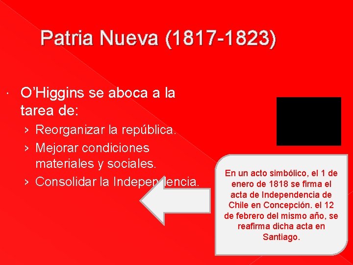 Patria Nueva (1817 -1823) O’Higgins se aboca a la tarea de: › Reorganizar la Patria Nueva (1817 -1823) O’Higgins se aboca a la tarea de: › Reorganizar la