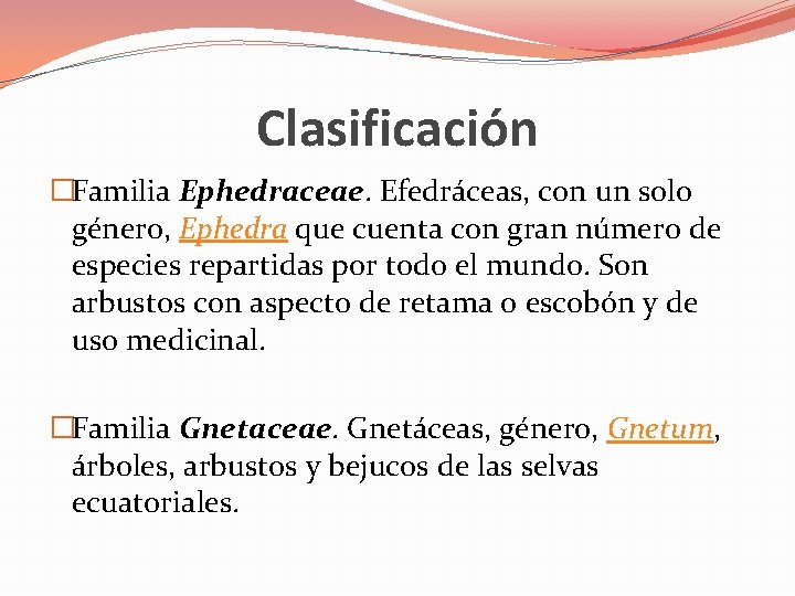 Clasificación �Familia Ephedraceae. Efedráceas, con un solo género, Ephedra que cuenta con gran número Clasificación �Familia Ephedraceae. Efedráceas, con un solo género, Ephedra que cuenta con gran número