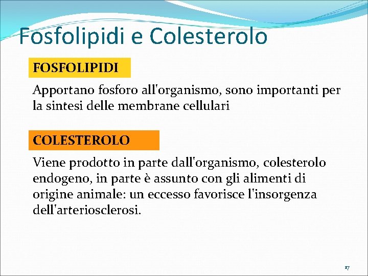 Fosfolipidi e Colesterolo FOSFOLIPIDI Apportano fosforo all'organismo, sono importanti per la sintesi delle membrane