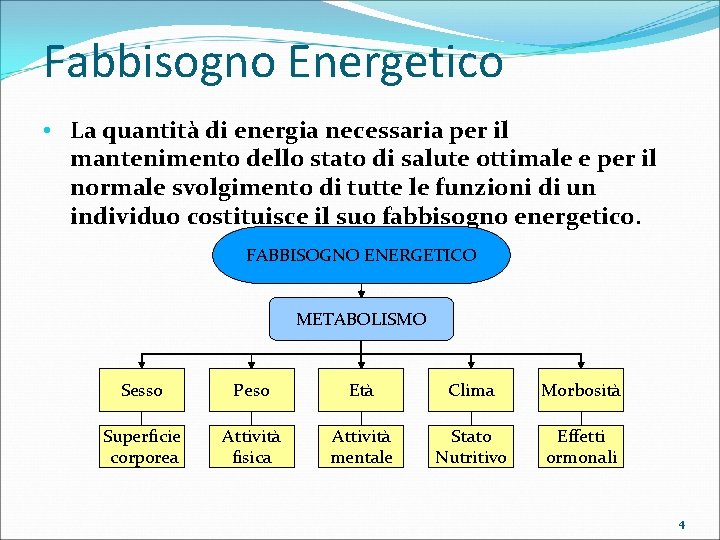 Fabbisogno Energetico • La quantità di energia necessaria per il mantenimento dello stato di