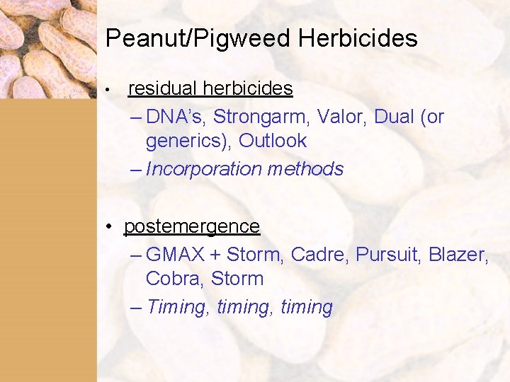 Peanut/Pigweed Herbicides • residual herbicides – DNA’s, Strongarm, Valor, Dual (or generics), Outlook –