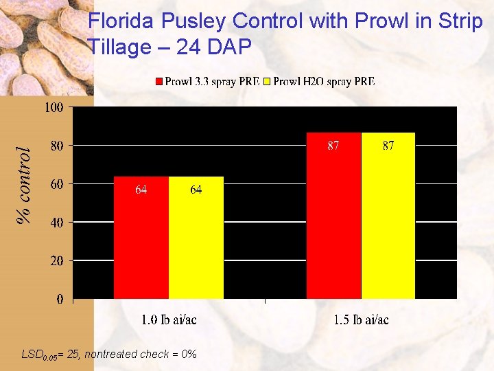 % control Florida Pusley Control with Prowl in Strip Tillage – 24 DAP LSD