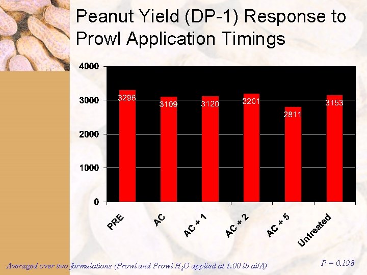 Peanut Yield (DP-1) Response to Prowl Application Timings Averaged over two formulations (Prowl and