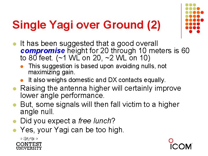 Single Yagi over Ground (2) l It has been suggested that a good overall