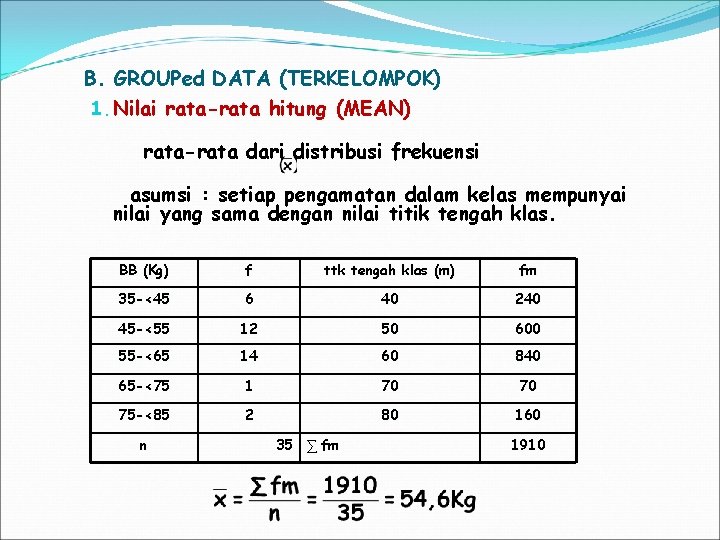 B. GROUPed DATA (TERKELOMPOK) 1. Nilai rata-rata hitung (MEAN) rata-rata dari distribusi frekuensi asumsi