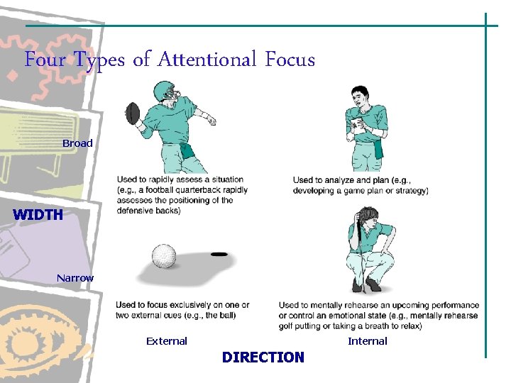Four Types of Attentional Focus Broad WIDTH Narrow External Internal DIRECTION 