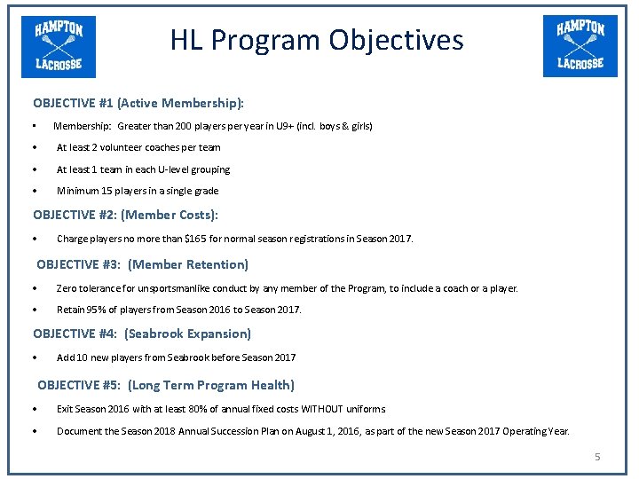 HL Program Objectives OBJECTIVE #1 (Active Membership): • Membership: Greater than 200 players per